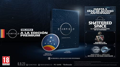 Caja del juego Starfield con texto promocional y un disco de juego.