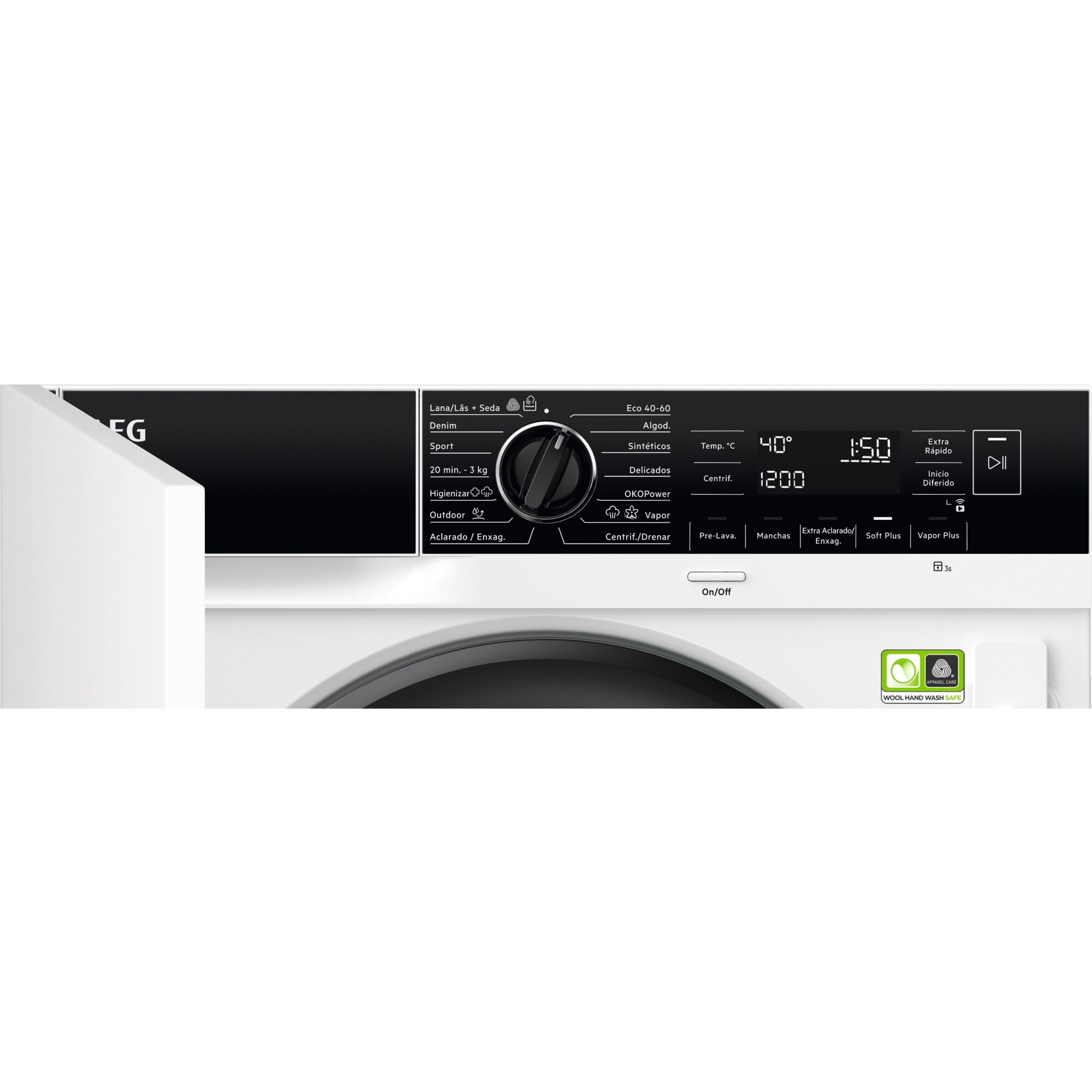 Primer plano del panel de control de una lavadora con varios ajustes y pantalla.