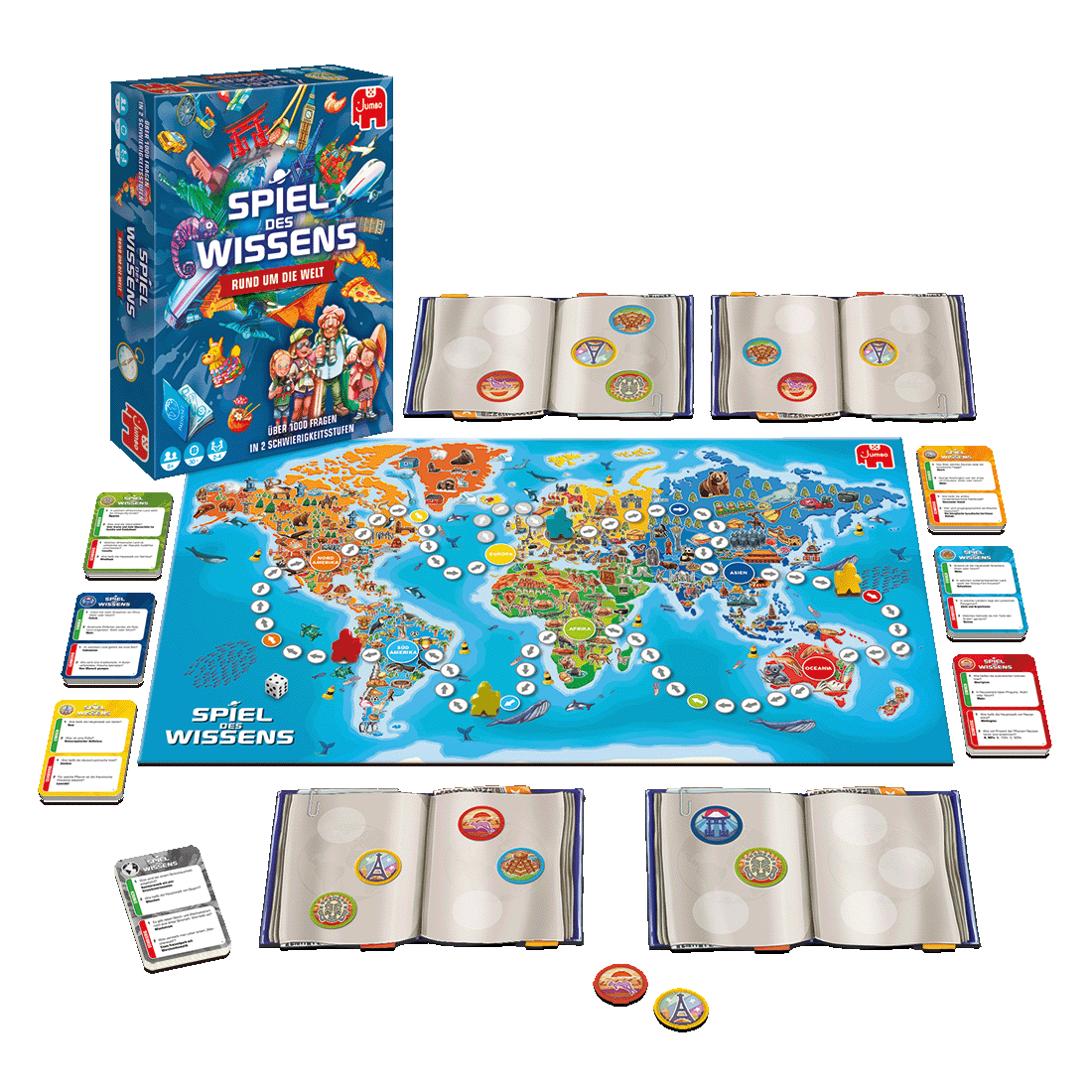 Ein Brettspiel mit Karten und Büchern.