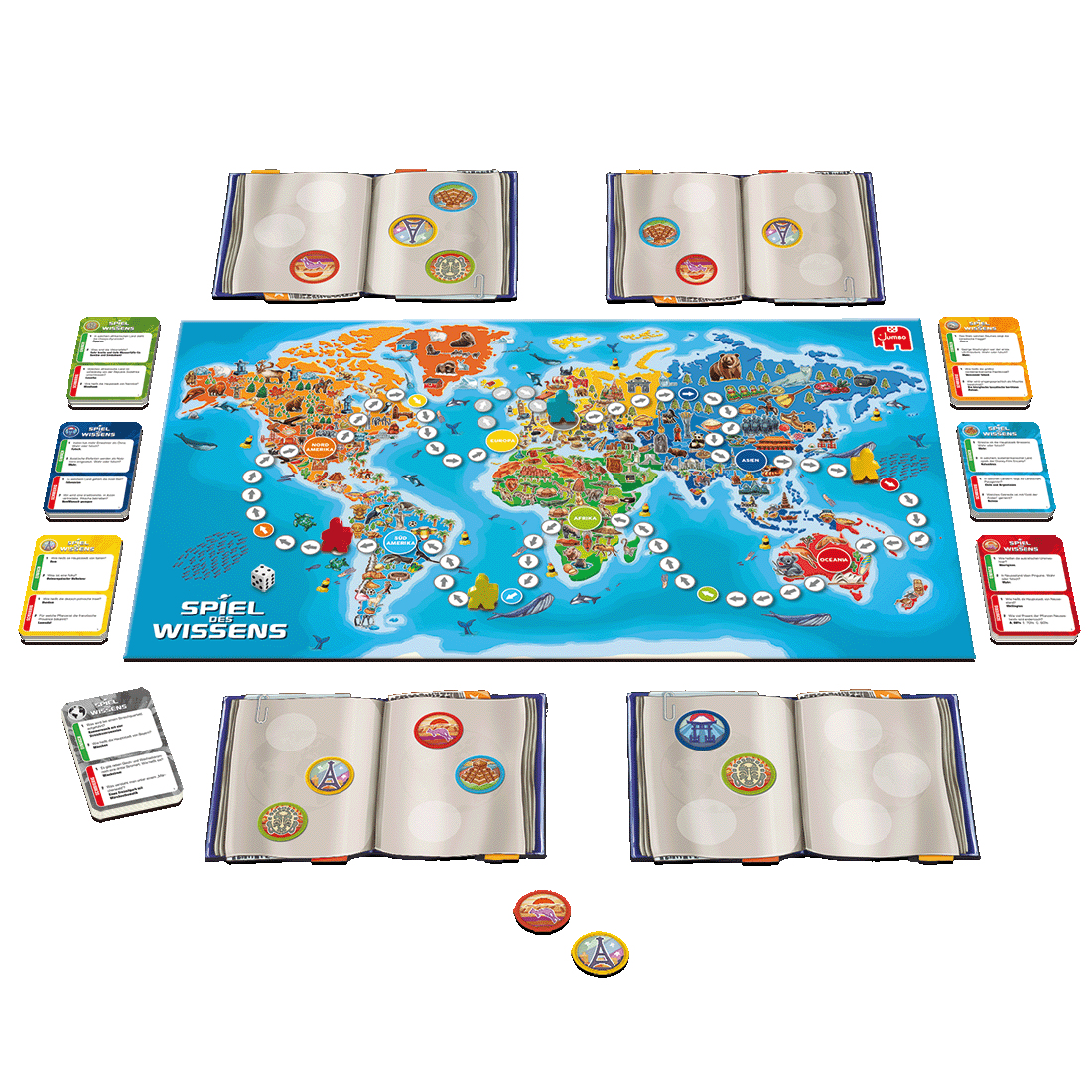 Brettspiel mit Weltkarte, Karten und Spielsteinen, mit Büchern an den Rändern.