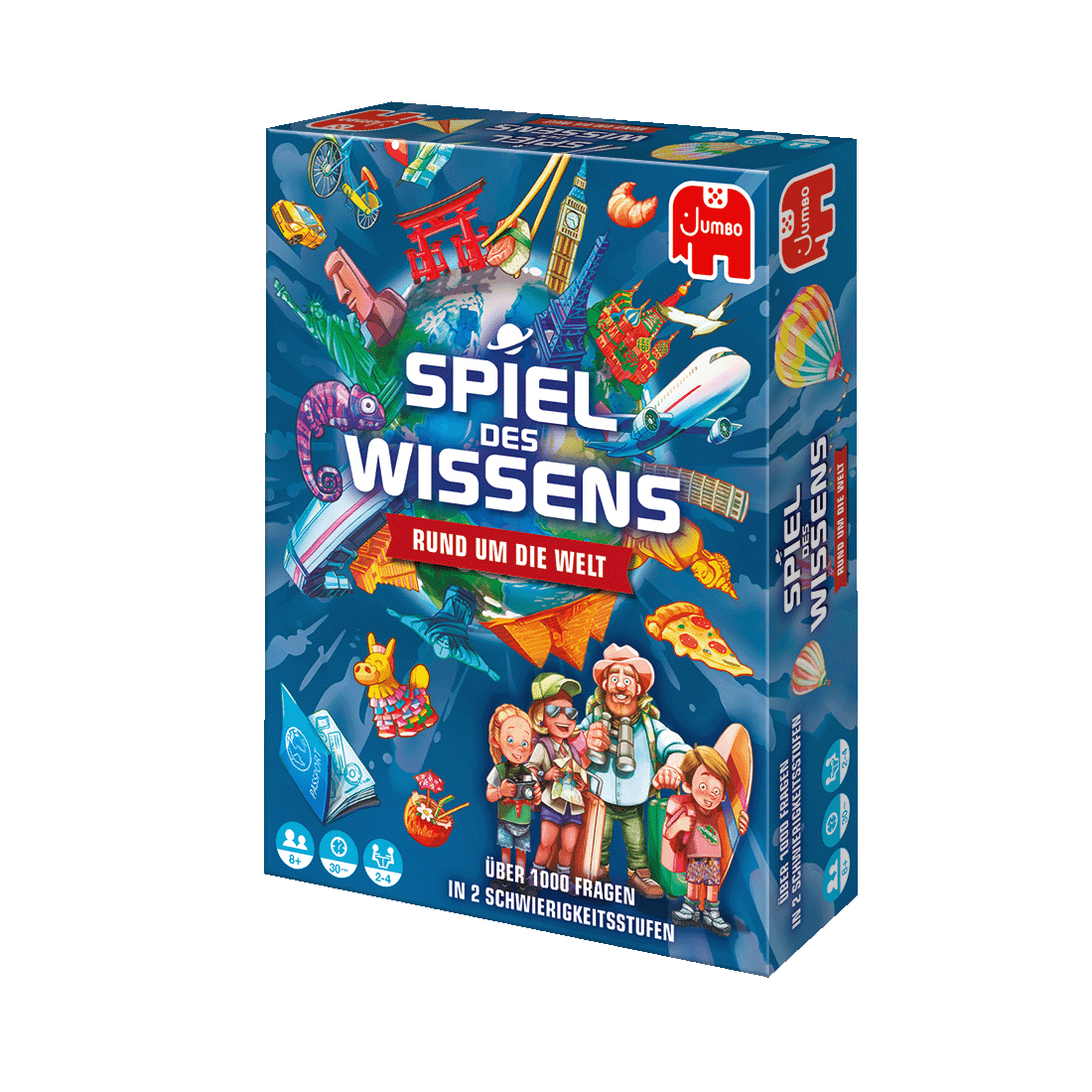 Brettspielbox mit verschiedenen Bildern und Text auf Deutsch, Titel „Spiel des Wissens“.