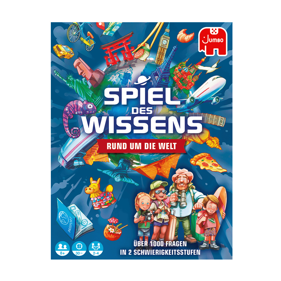 Spielbox 'Spiel des Wissens'. Kinder und Erwachsene mit Welt-Wahrzeichen und Spielelementen.