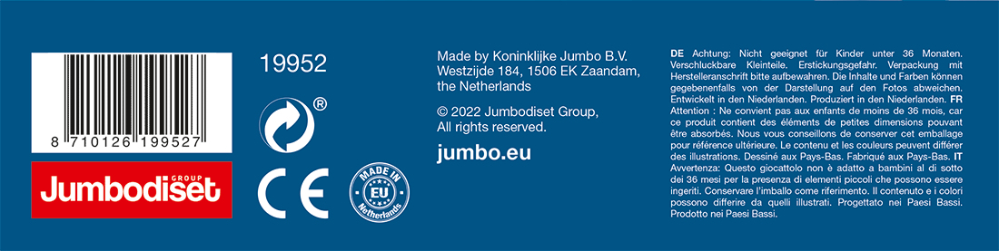 Blauer Hintergrund mit weißem Text und Symbolen. Enthält einen Barcode und ein Jumbo Group Logo.