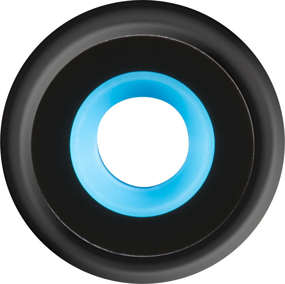 A black circle with a light blue circle inside, and a black border.