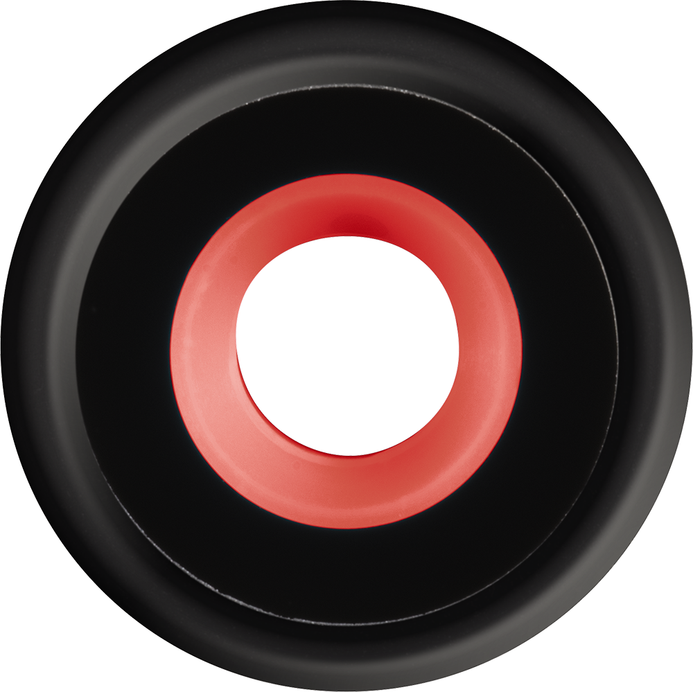 A black circle with a red inner ring. The background is solid black, highlighting the shapes.