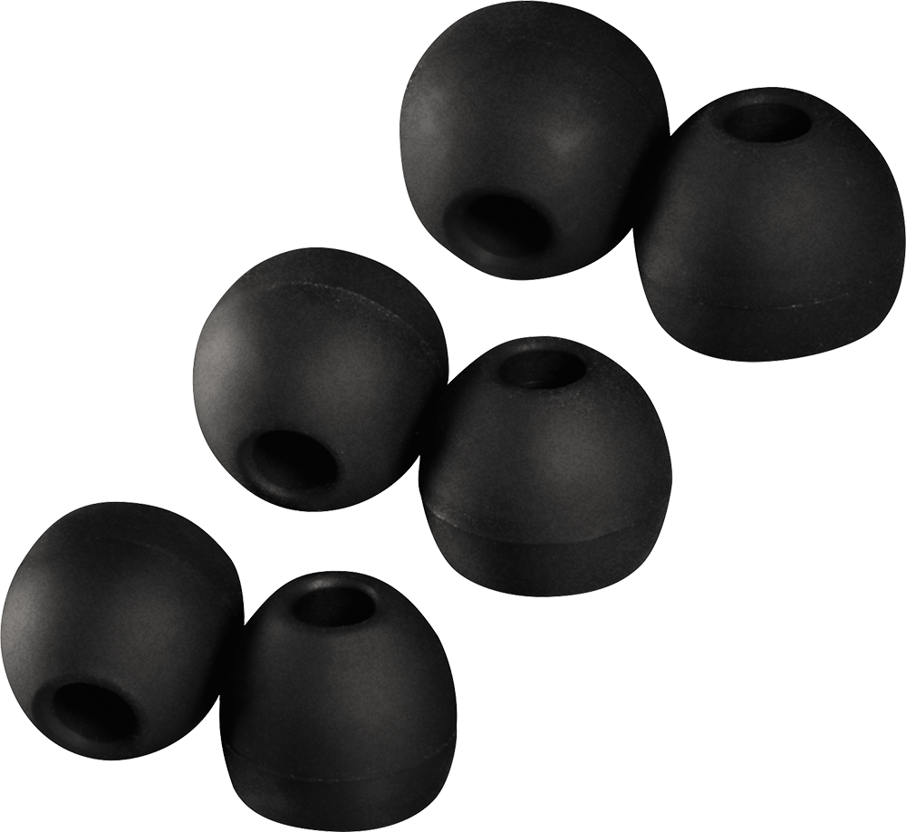 Six black ear tips arranged, designed to fit into the ear canal, against a black background.