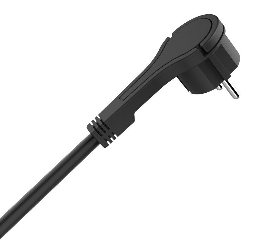 Czarna wtyczka z czarnym kablem. Wtyczka jest kątowa.