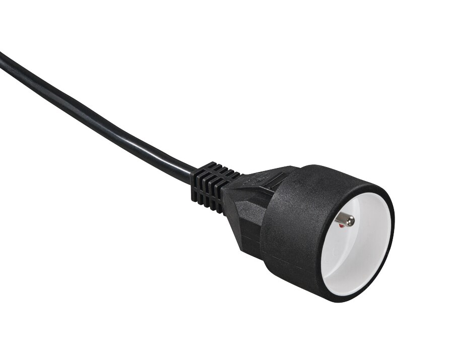 Czarny przewód zasilający z czarno-białym gniazdem żeńskim.