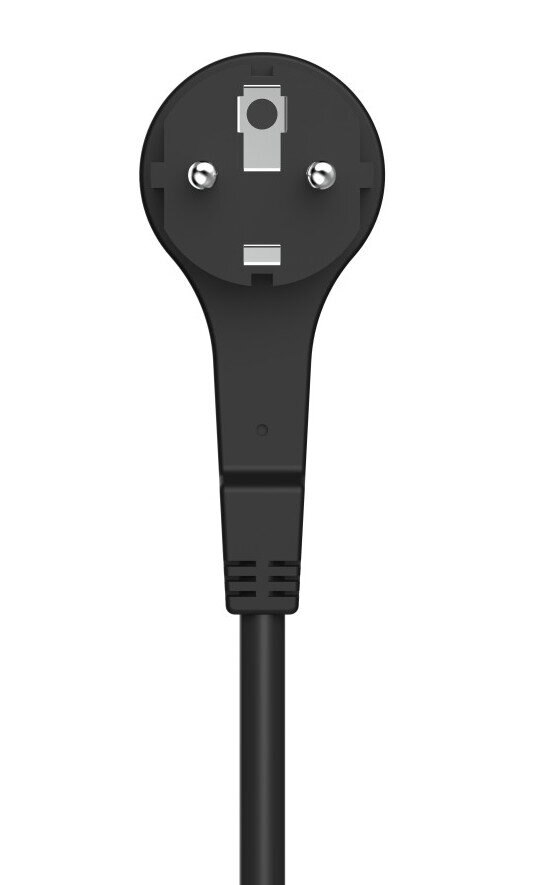 Czarna wtyczka z długim czarnym kablem na białym tle.