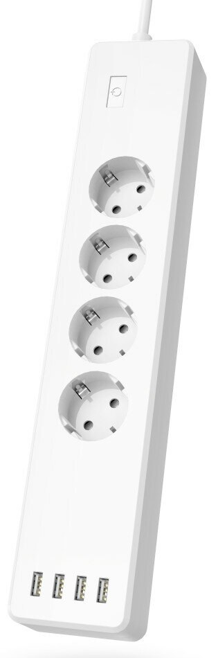 Biała listwa zasilająca z czterema gniazdami i czterema portami USB. Widok z boku.