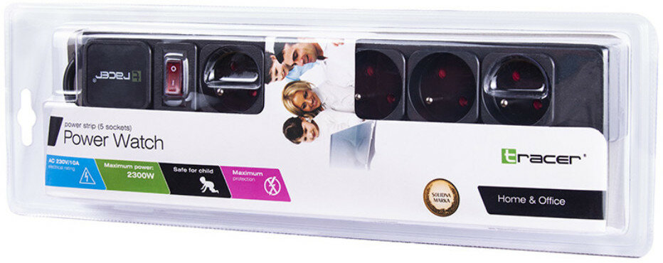 Listwa zasilająca w plastikowym opakowaniu. Opakowanie przedstawia rodzinę i zawiera tekst o zasilaniu i bezpieczeństwie.