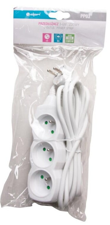 Biała listwa zasilająca z 3 gniazdami w plastikowym opakowaniu. Biały kabel zwinięty.