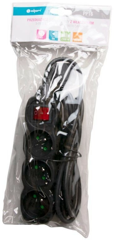 Czarny rozgałęźnik w plastikowym worku. Ma wiele gniazd, przełącznik i przewód.