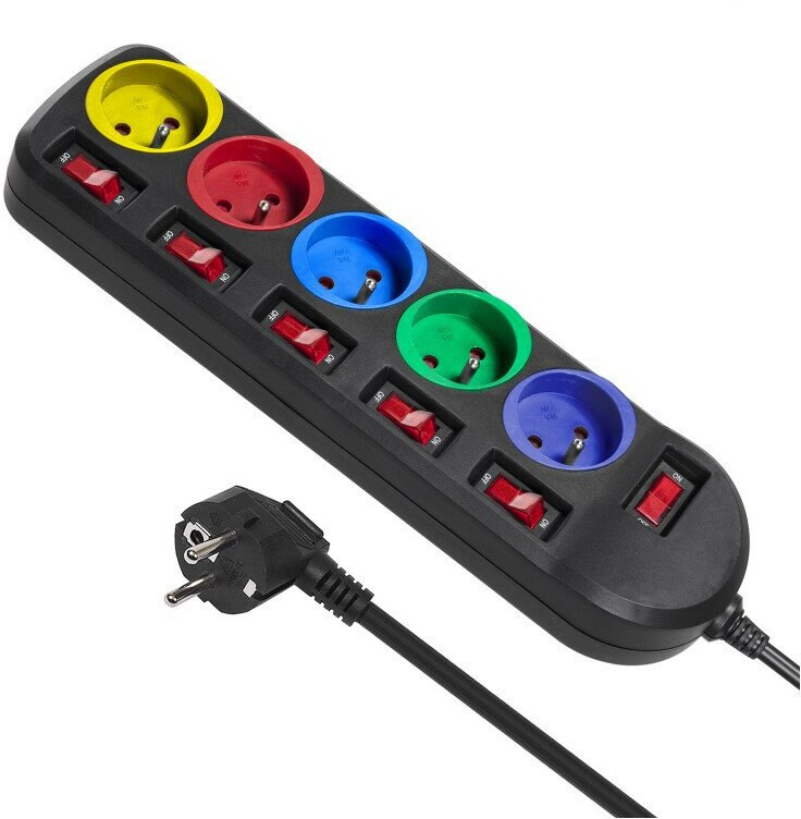 Czarna listwa zasilająca z kolorowymi gniazdami i przełącznikami. Wtyczka jest podłączona.