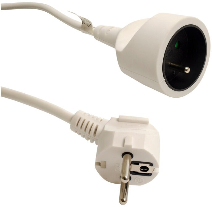Dwa białe przewody zasilające z wtyczkami UE na białym tle. U góry: gniazdo. U dołu: wtyczka.