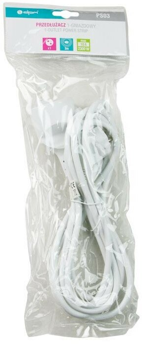 Biała listwa zasilająca w plastikowym opakowaniu.