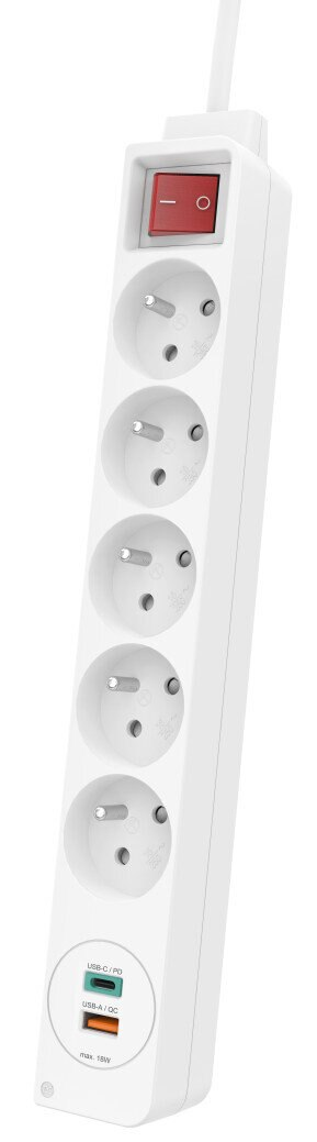 Biała listwa zasilająca z pięcioma gniazdami, czerwonym przełącznikiem i portami USB.