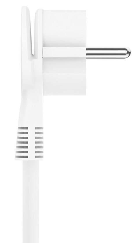 Biała wtyczka z europejskim standardem, widok z boku, z białym kablem.