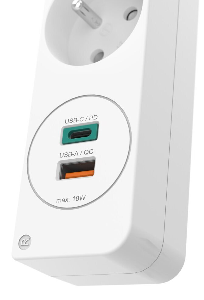 Biała listwa zasilająca z portami ładowania USB-C i USB-A.