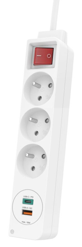 Biała listwa zasilająca z trzema gniazdami, czerwonym wyłącznikiem i portami USB.