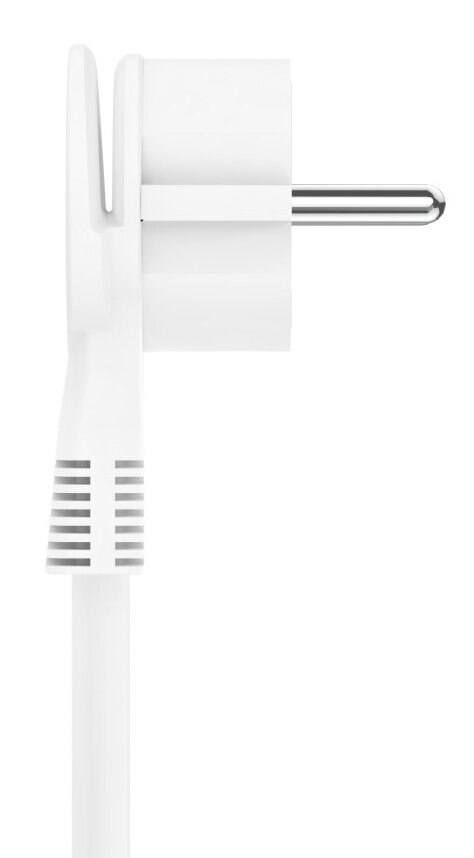 Biała wtyczka z długim kablem, zbliżenie na białym tle.