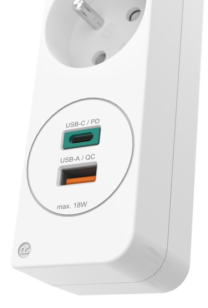 Biała listwa zasilająca z portami USB-C i USB-A, opisana, okrągły design.