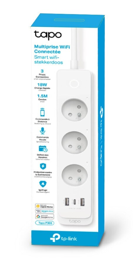 Biała listwa zasilająca TP-Link Smart WiFi w pudełku. 3 gniazda, porty USB, tekst.