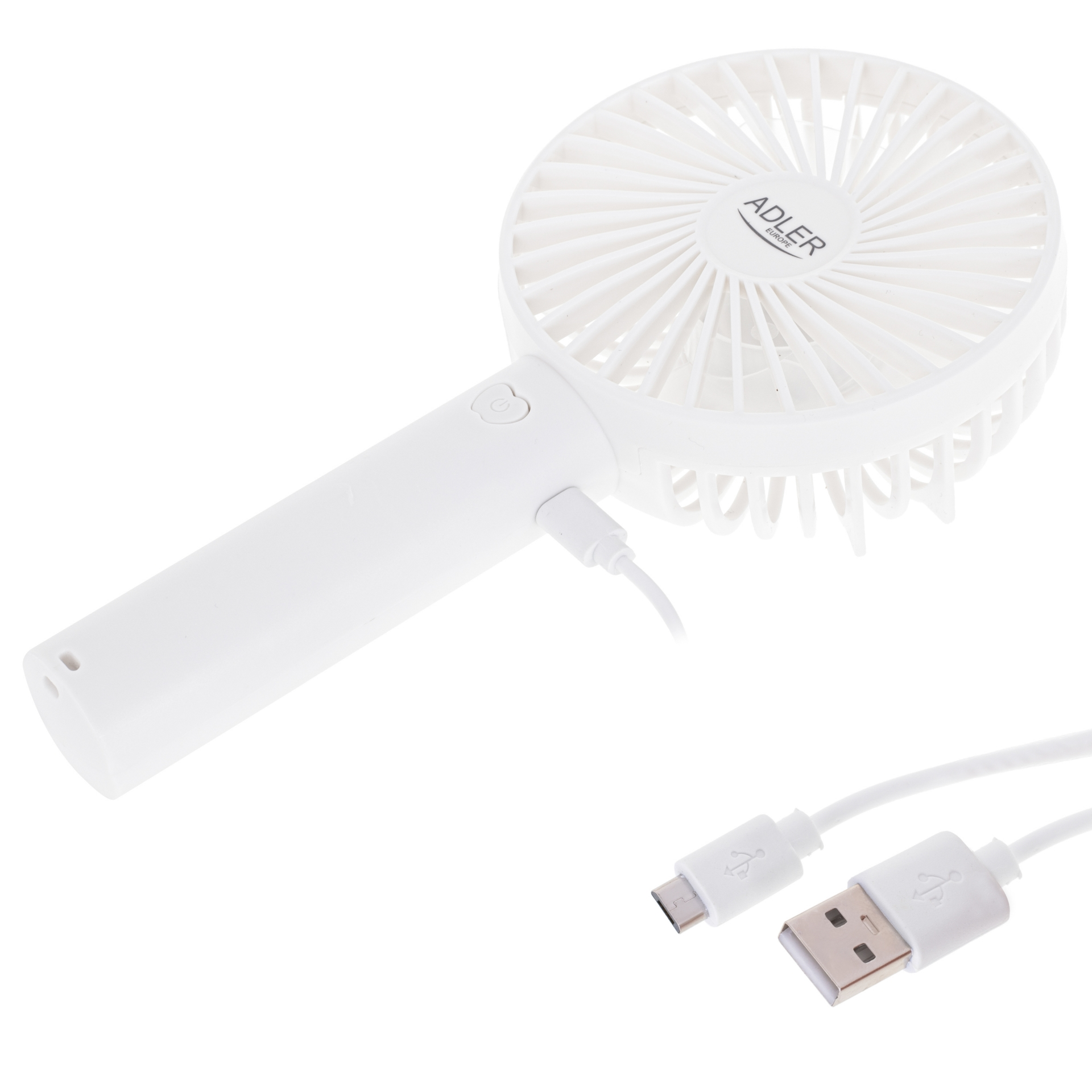 Fehér kézi ventilátor USB-kábellel, lapátokkal és Adler logóval.