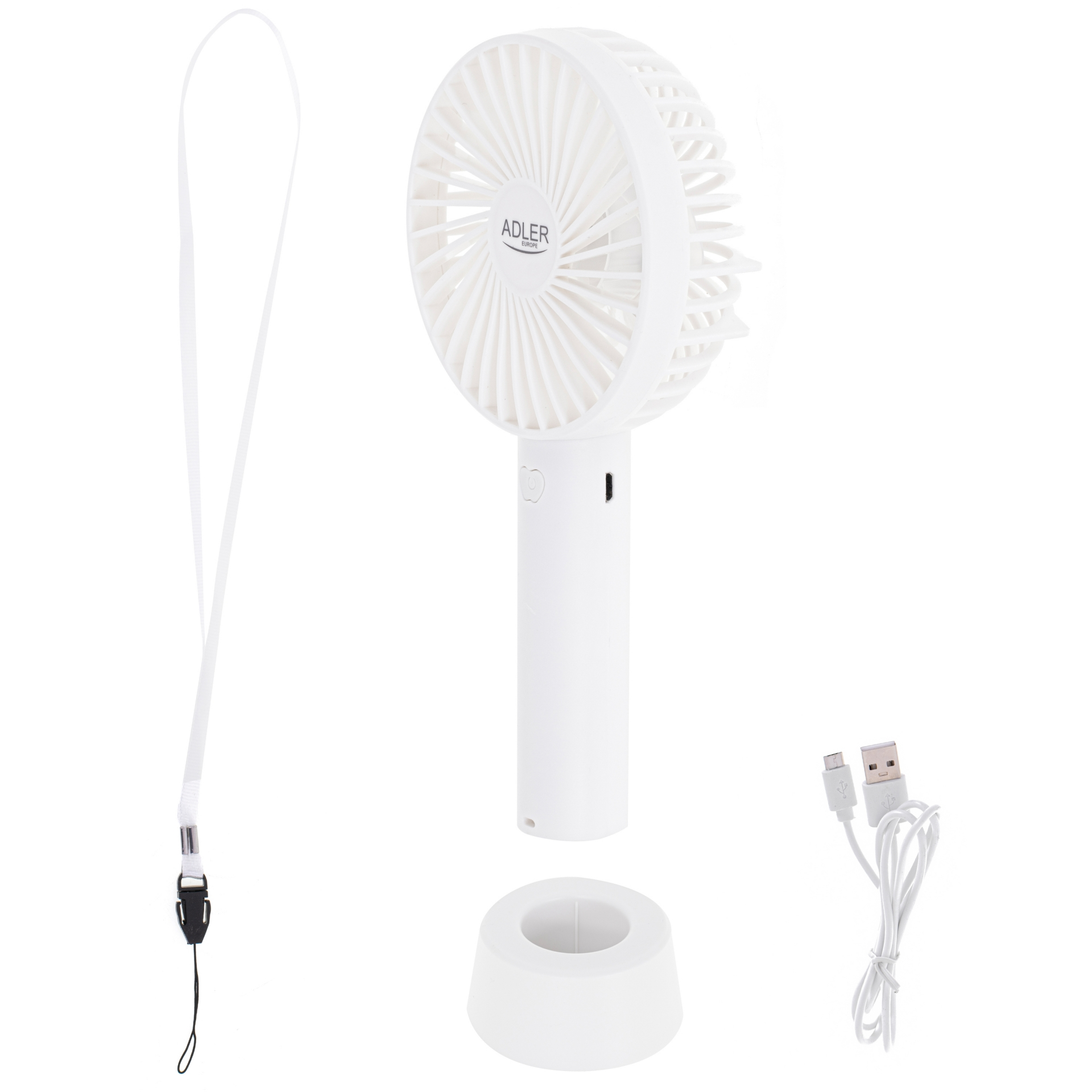 Fehér hordozható ventilátor állvánnyal, nyakpánttal és töltőkábellel.