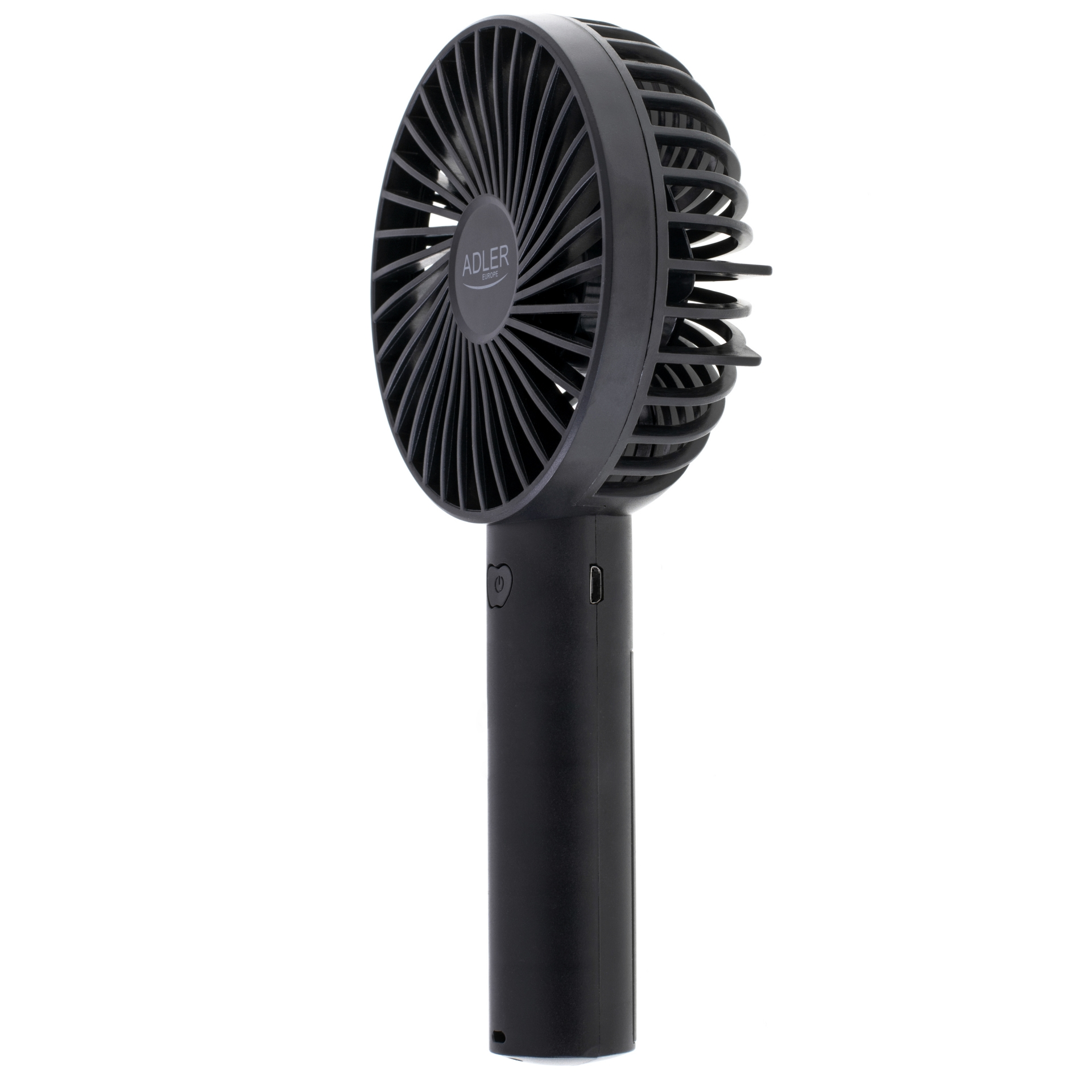 Fekete kézi ventilátor fekete fogantyúval és ventilátor fejjel, rajta ADLER felirattal.