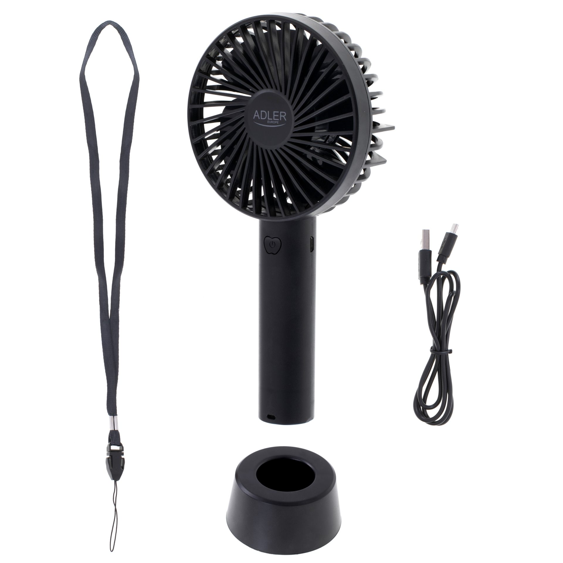 Fekete hordozható ventilátor állvánnyal, nyakpánttal és töltőkábellel, fehér háttéren.