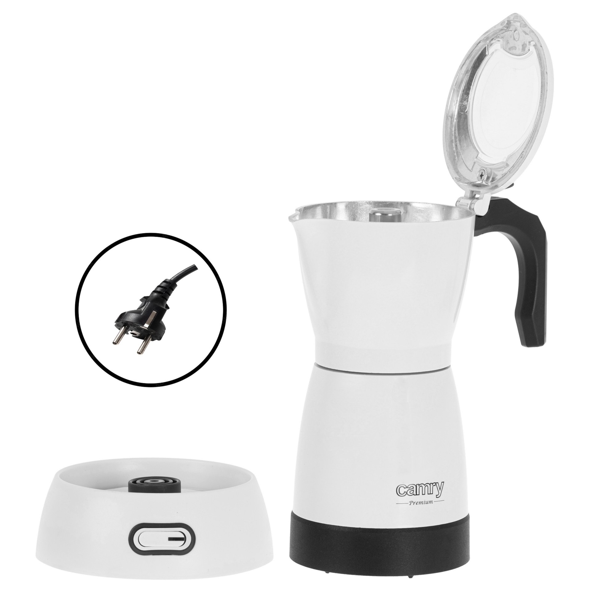 Fehér kávéfőző dugóval és alappal, részletes kör alakú nézettel.