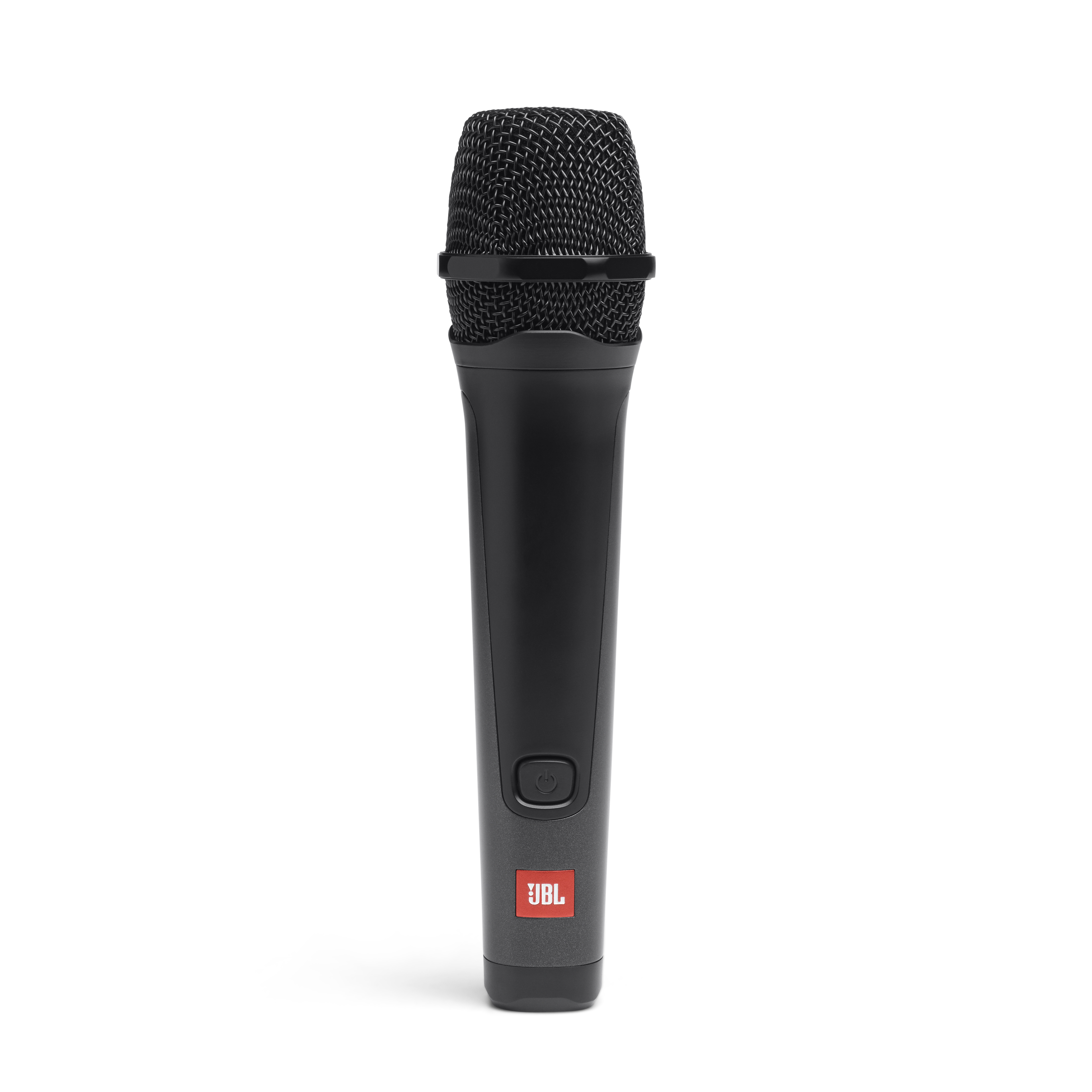 Micrófono JBL negro. El logo rojo de JBL está en la base.