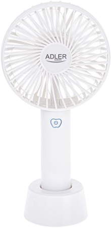 Fehér kézi ventilátor, talapzaton. Van egy gombja és az ADLER márkanév.