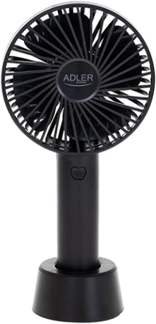 Fekete kézi ventilátor kerek fejjel és alappal. ADLER van a ventilátorra nyomtatva.