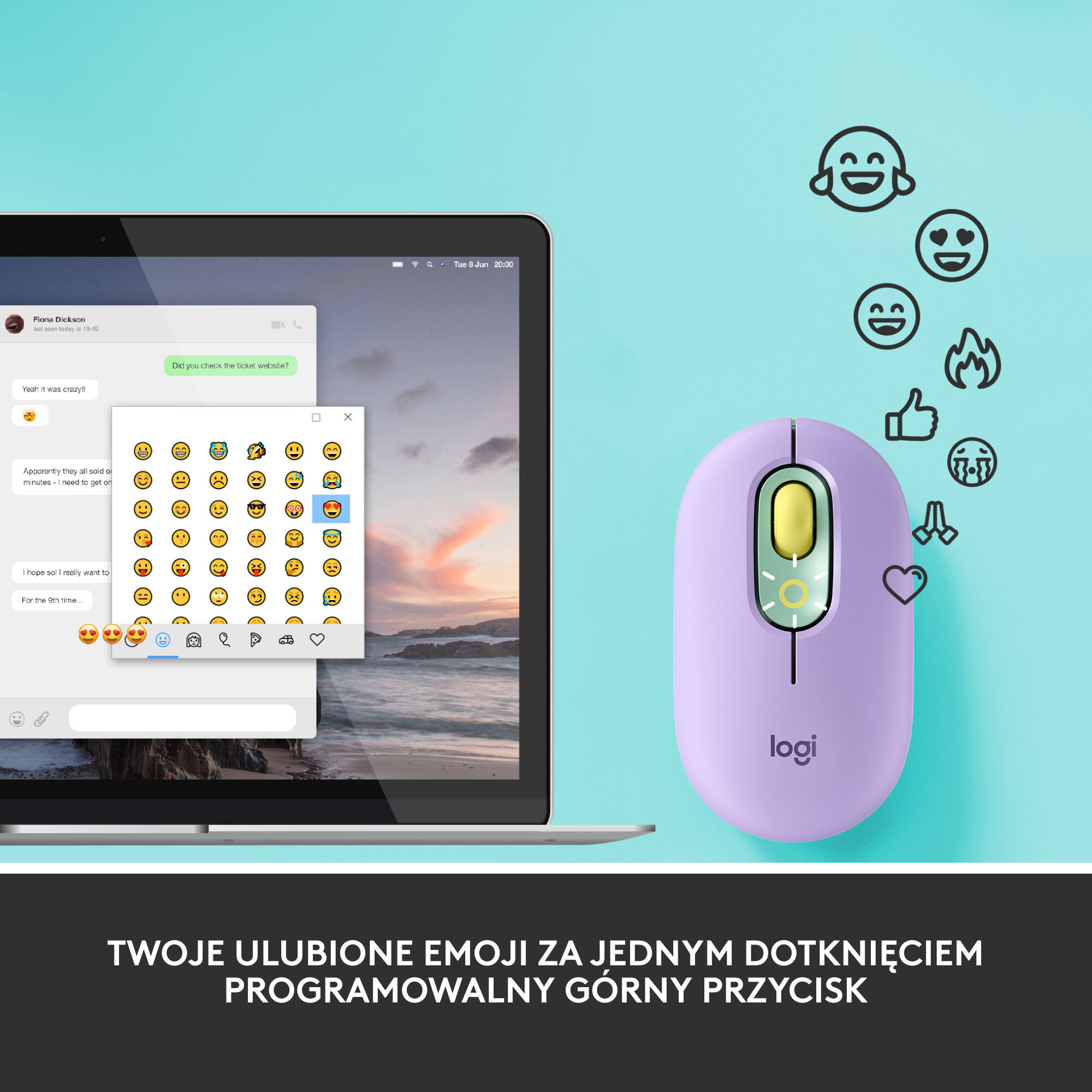Fioletowa mysz Logi z żółtym kółkiem, emotikonami i laptopem wyświetlającym czat.