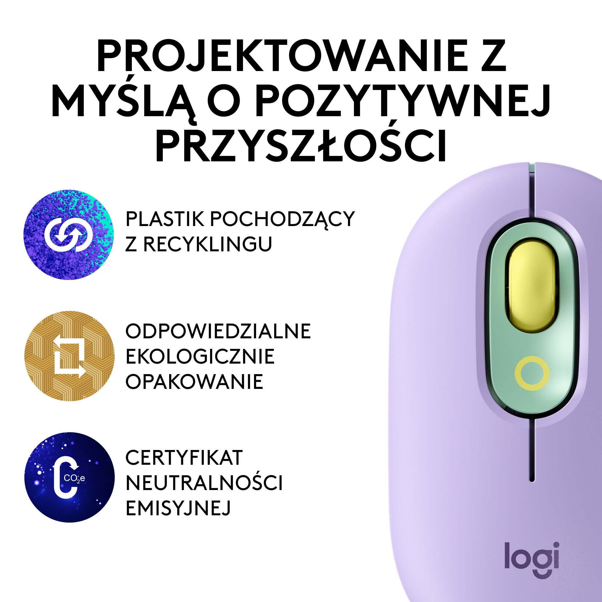 Fioletowa mysz bezprzewodowa z trzema ikonami i tekstem o recyklingu, opakowaniach i emisjach.