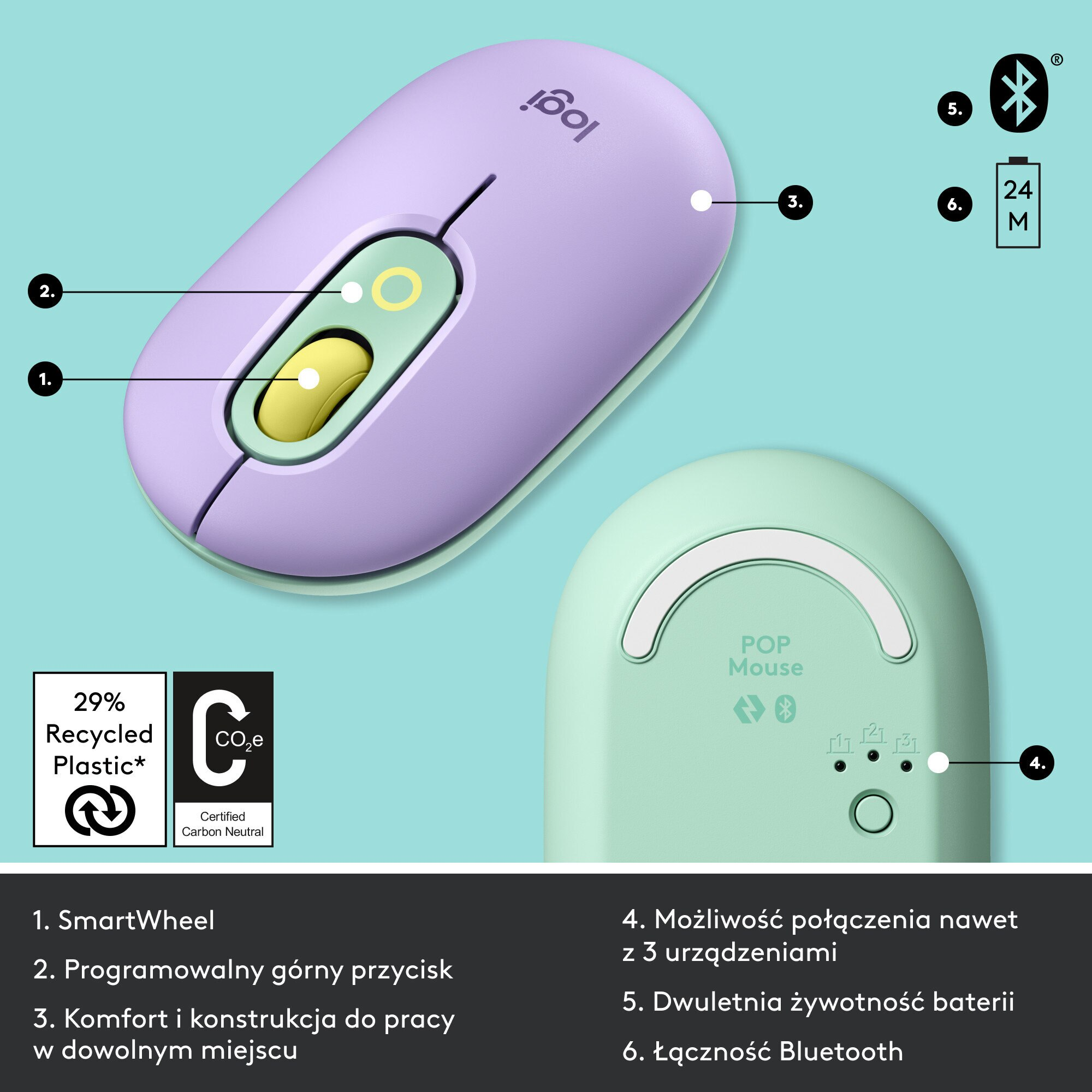 Mysz bezprzewodowa LOGITECH Pop Mouse Fioletowo-miętowy (Daydream) 910-006547