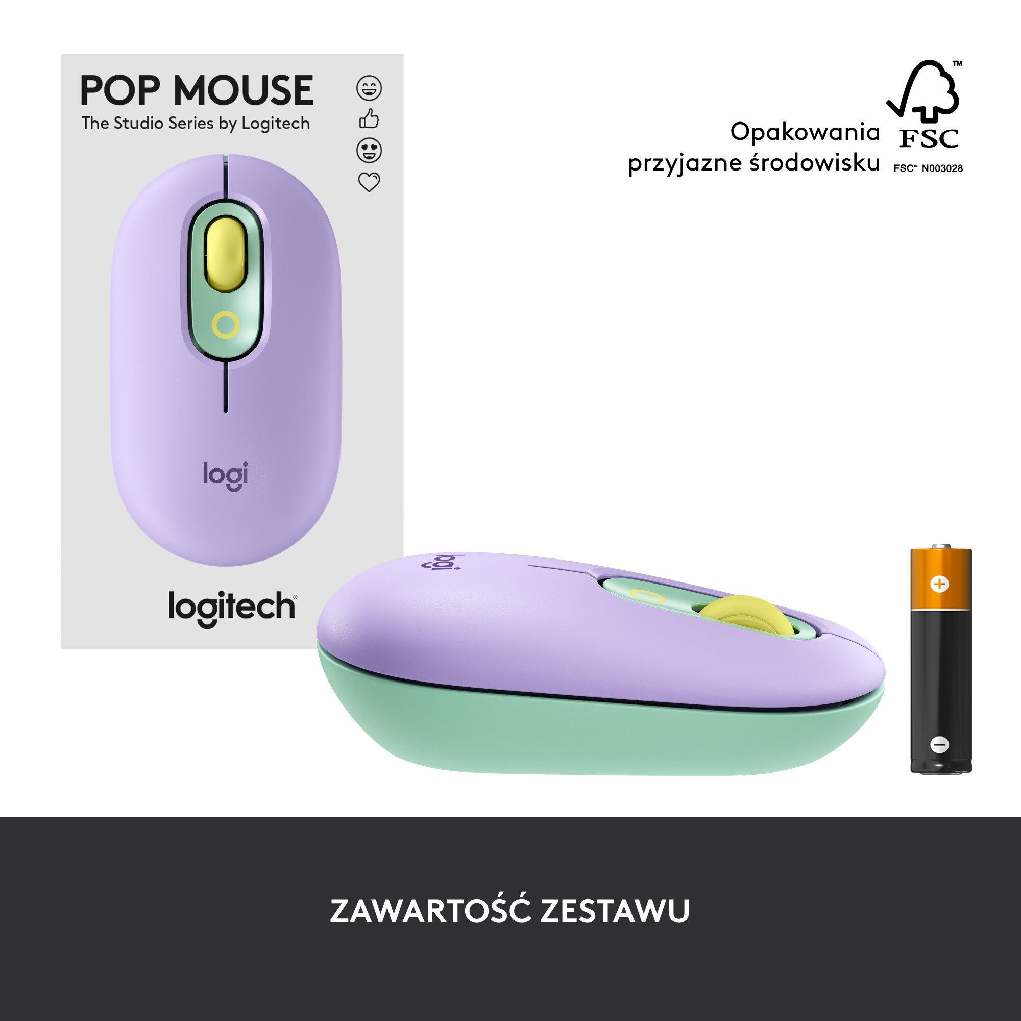 Fioletowa mysz Logitech Pop z żółtym przyciskiem i baterią.