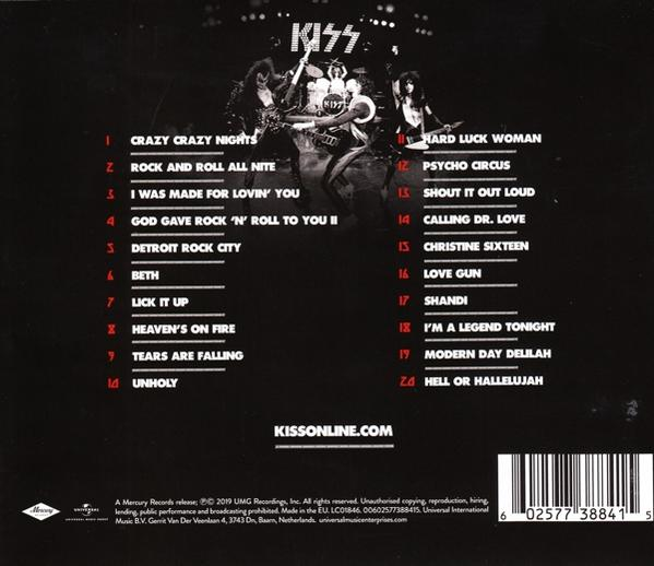 Rückseite eines KISS-Albums mit Titelliste und Bandmitgliedern im Konzert.