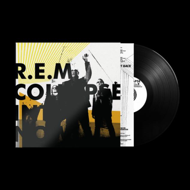 R.E.M. album borítója a zenekar tagjaival. Egy bakelit lemez a jobb oldalon.