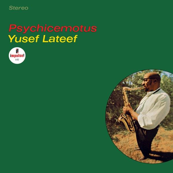 Album borító, Psychicemotus, Yusef Lateeftól. Yusef szaxofonozik zöld háttér előtt.