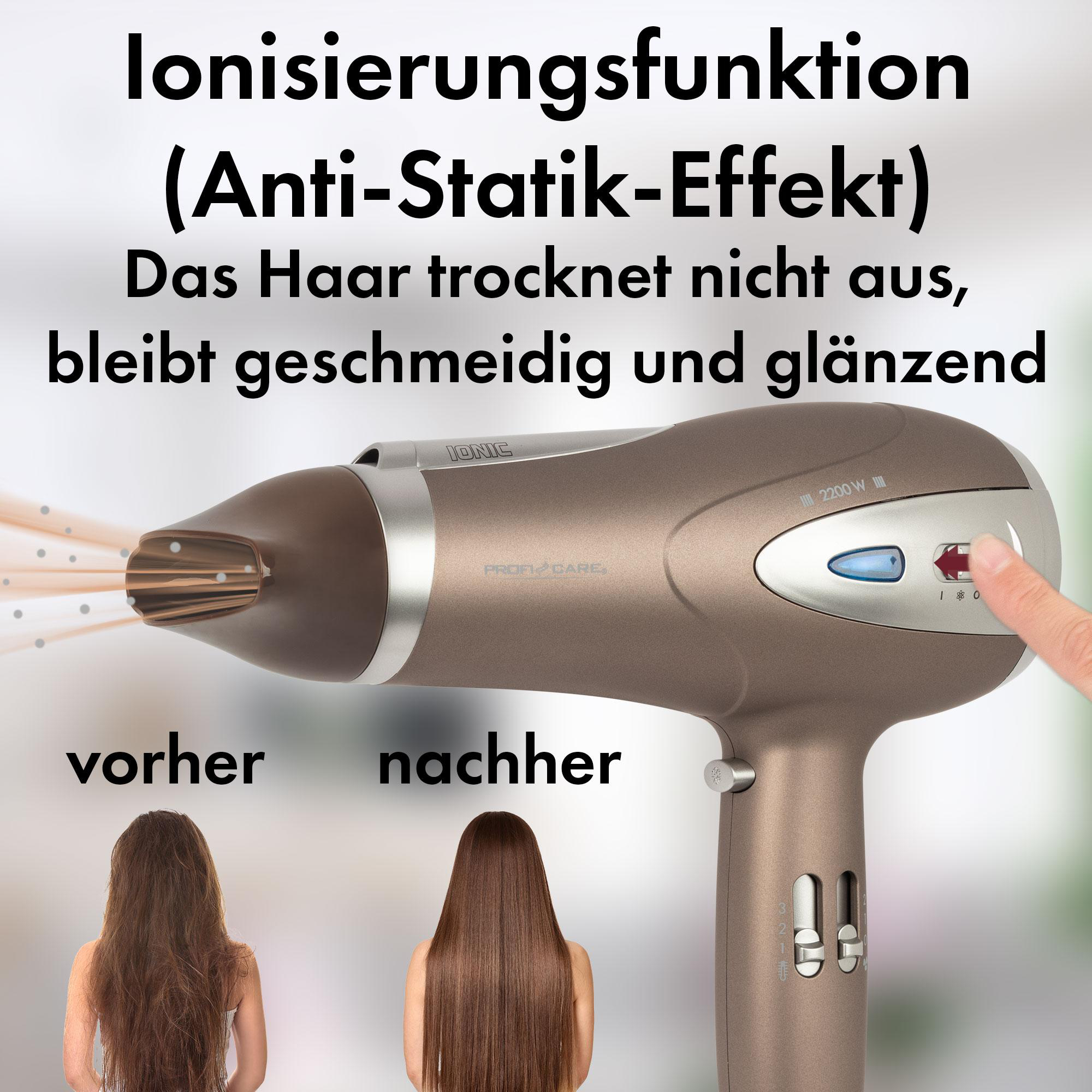 Ein Haartrockner mit Text über die Haargesundheit, Vergleich von Vorher-Nachher-Bildern.