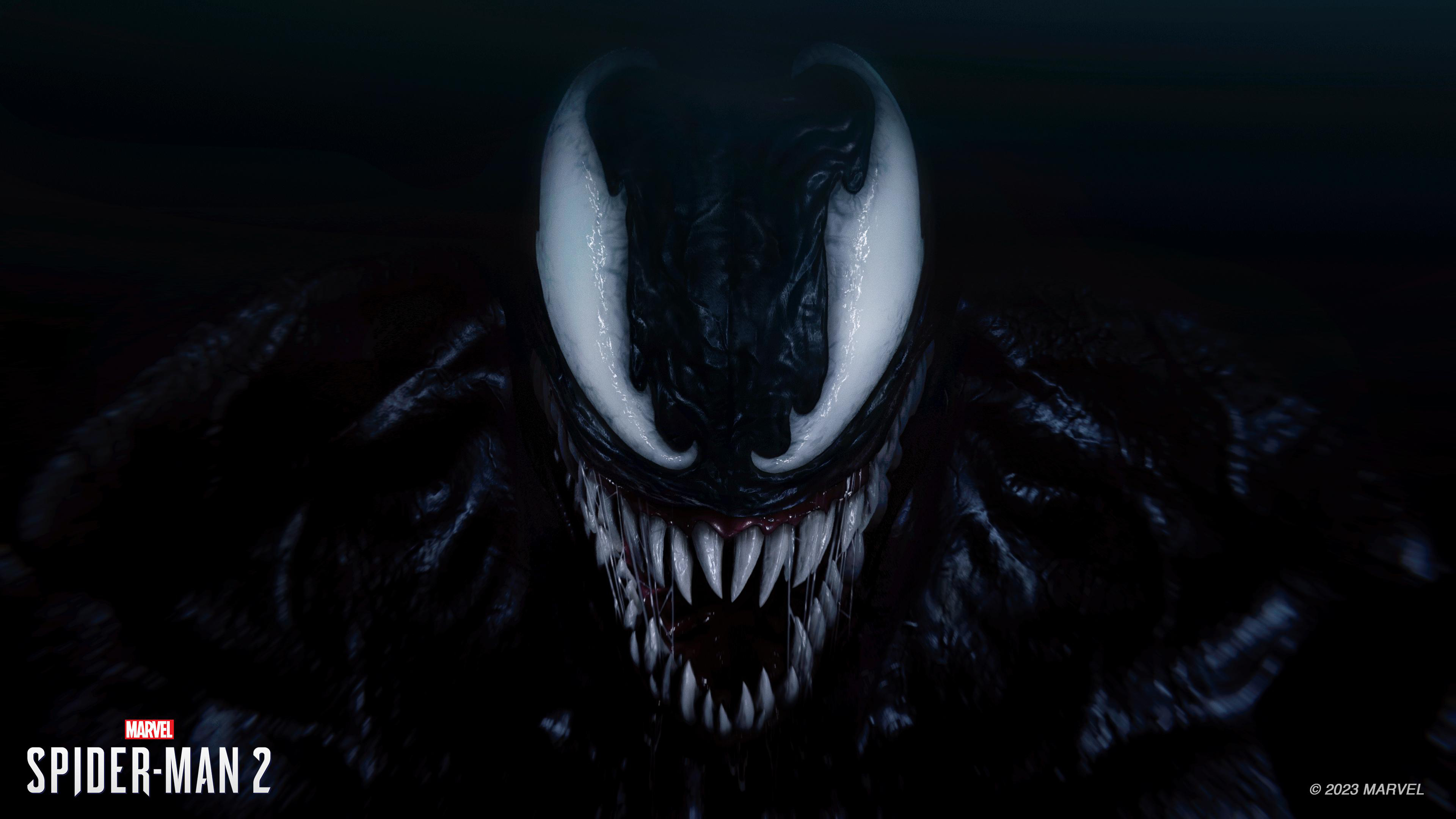 Venom aus Marvel Spider-Man 2, mit scharfen Zähnen und einem bedrohlichen Ausdruck.