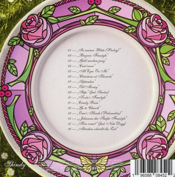 Bunter Teller mit Titelliste. Rosa Rosen, grüne Stiele, gelber Schmetterling. Weißer Hintergrund. Texte aufgeführt.