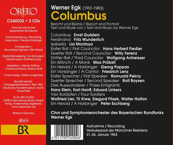 Ein CD-Cover mit rotem Hintergrund, mit Text über 'Columbus' von Werner Egk.