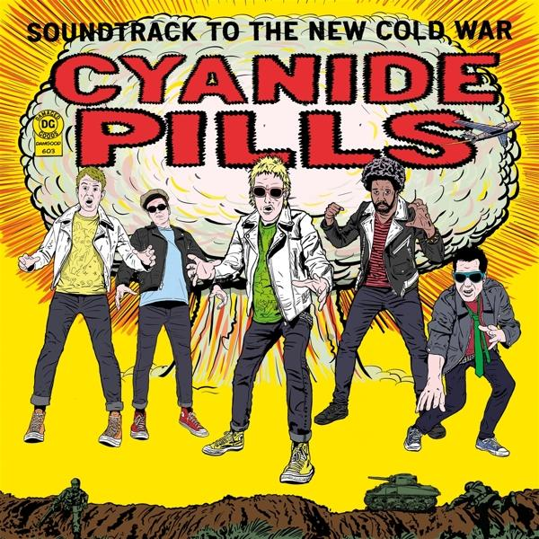 Albumcover. Cartoon von fünf Männern vor einer gelben Explosion. Titel: Cyanide Pills. Flugzeug am Himmel.