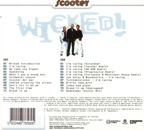 Albumcover der Band Scooter. Drei Männer in Schwarz, weißer Text oben.