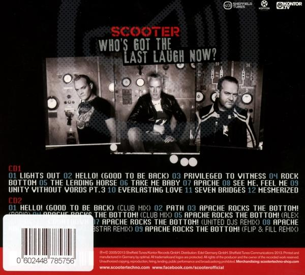 Rückseite einer Scooter-CD: 'Who's Got The Last Laugh Now?' Zeigt drei Männer und Titellisten.