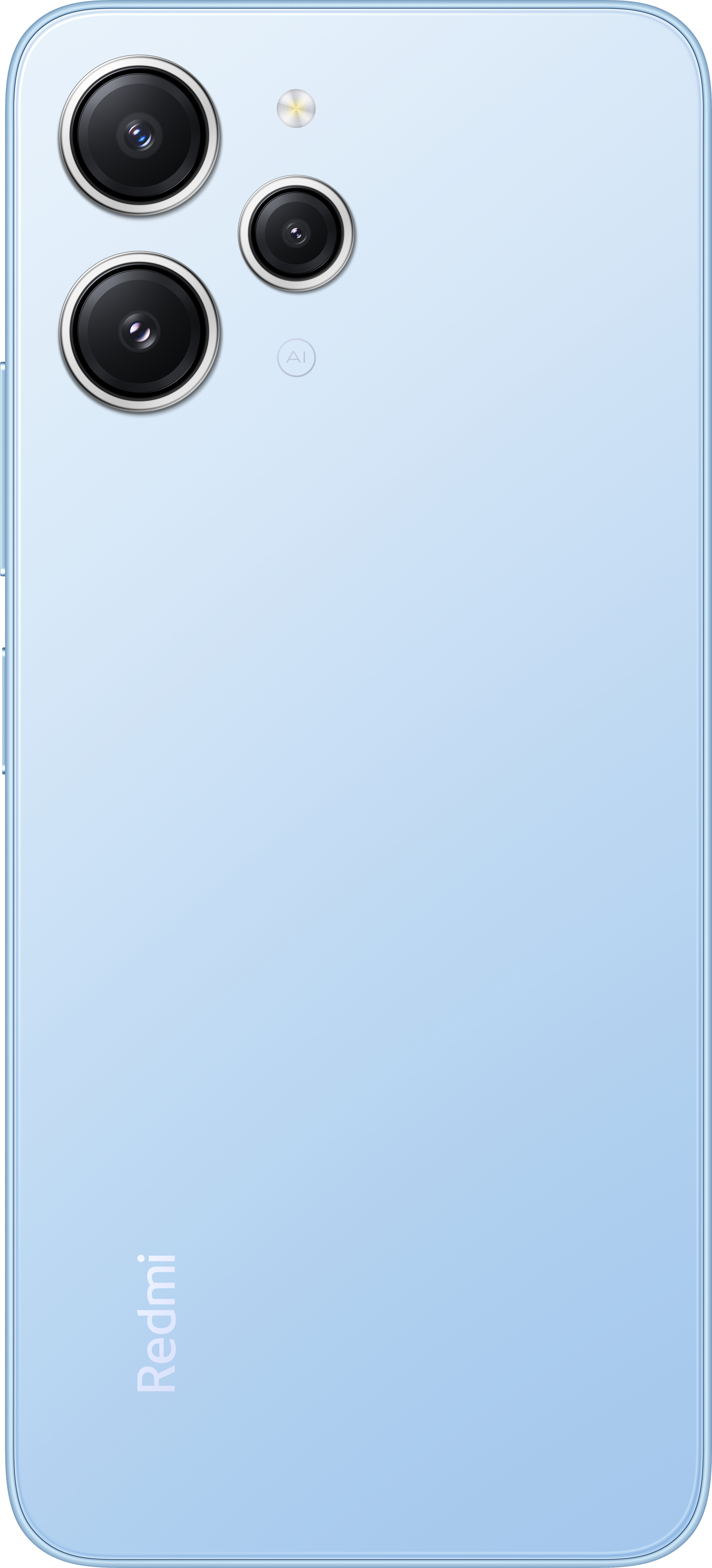 Rückseite eines Redmi-Telefons, blau, drei Linsen.